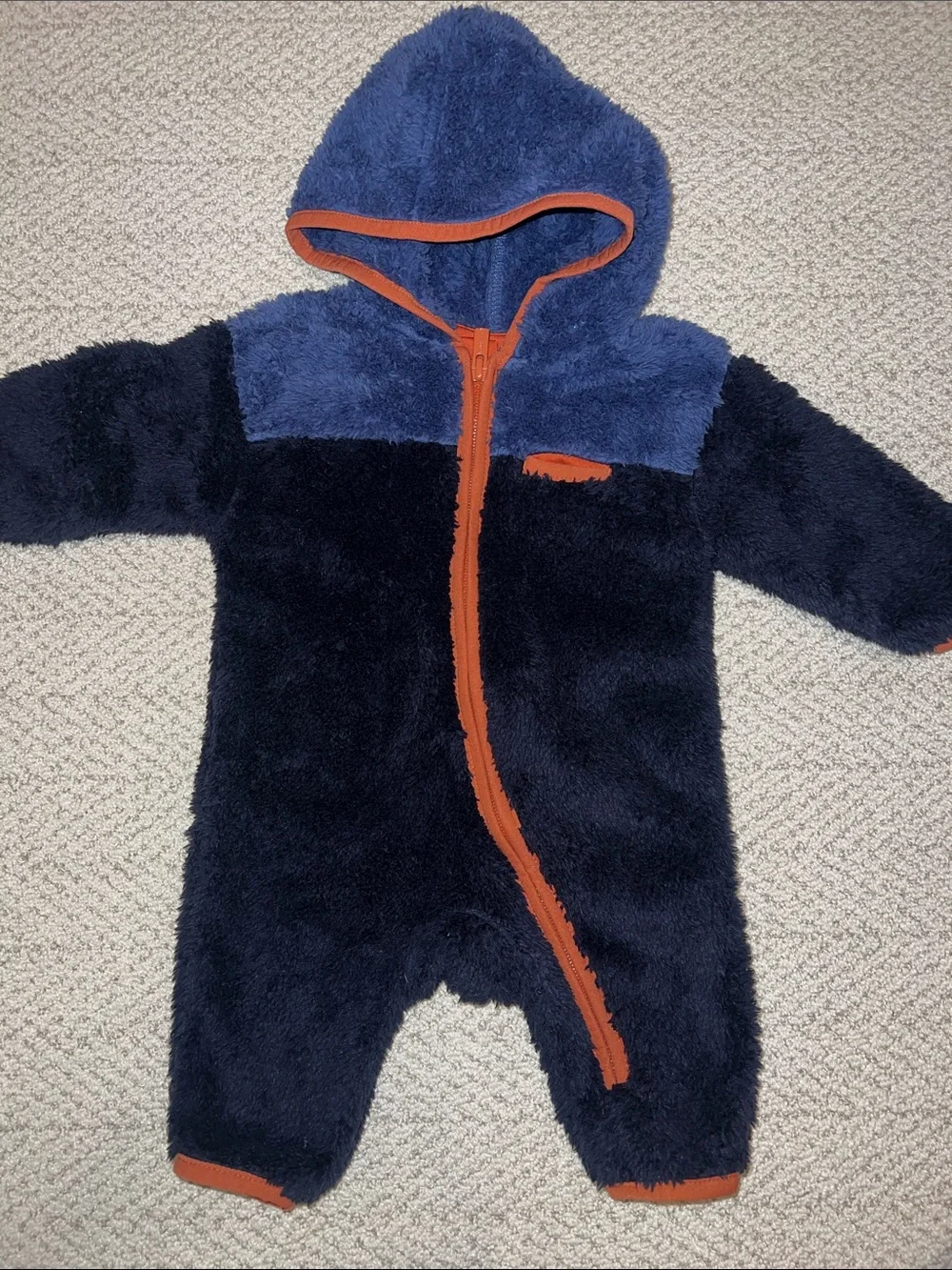 Old Navy Navy and Blue Plush Hooded Baby One-Piece with Orange Trim